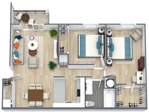 Floor plan for 2 beds, 1 bath, 960 sqft